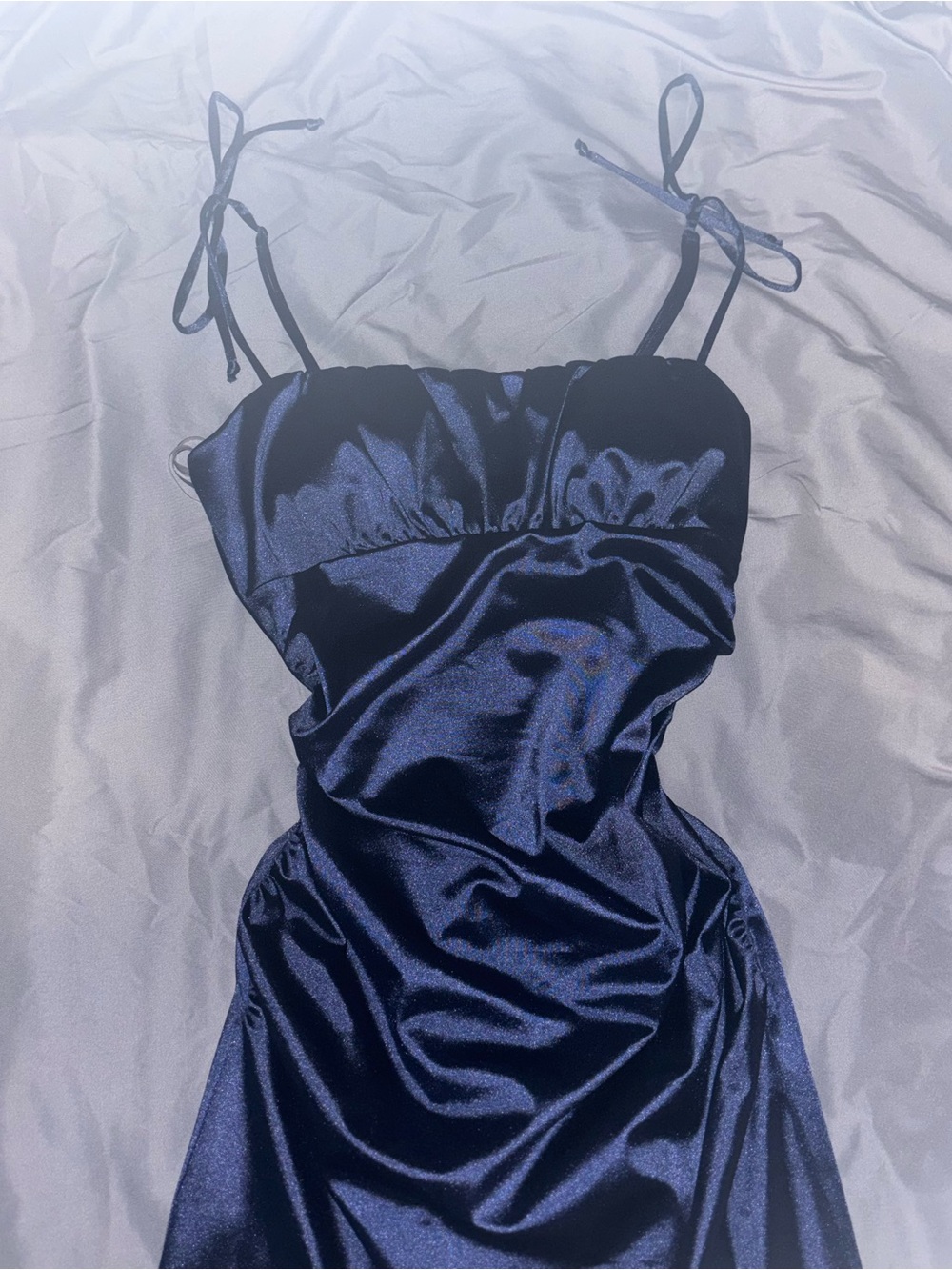 Satin Navy Blue Slip Dress with Tie Straps